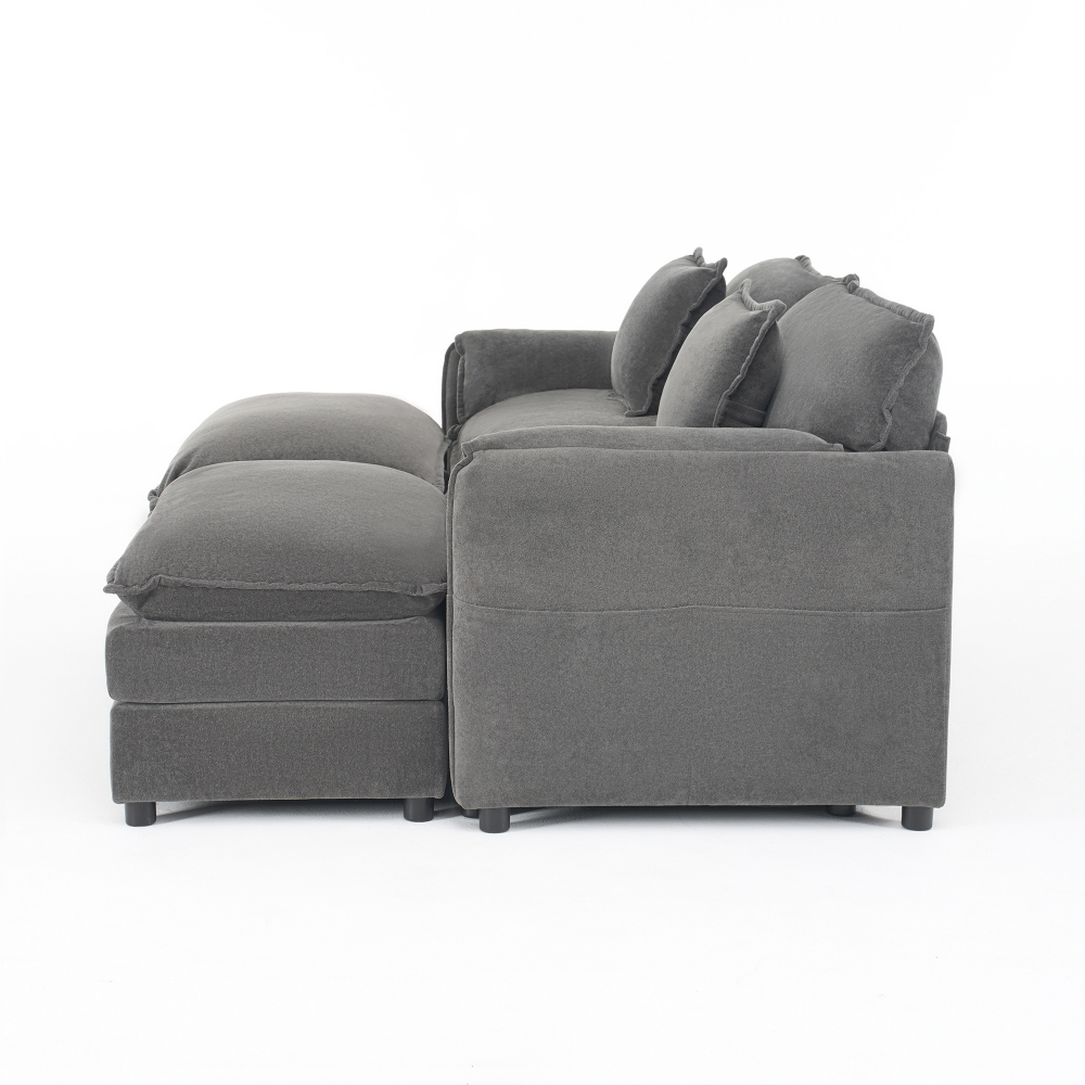 Grey Chenille Modular Sectional Sofa with 2 Ottomans - Deep Seat Cloud Couch for Living Room & Apartment