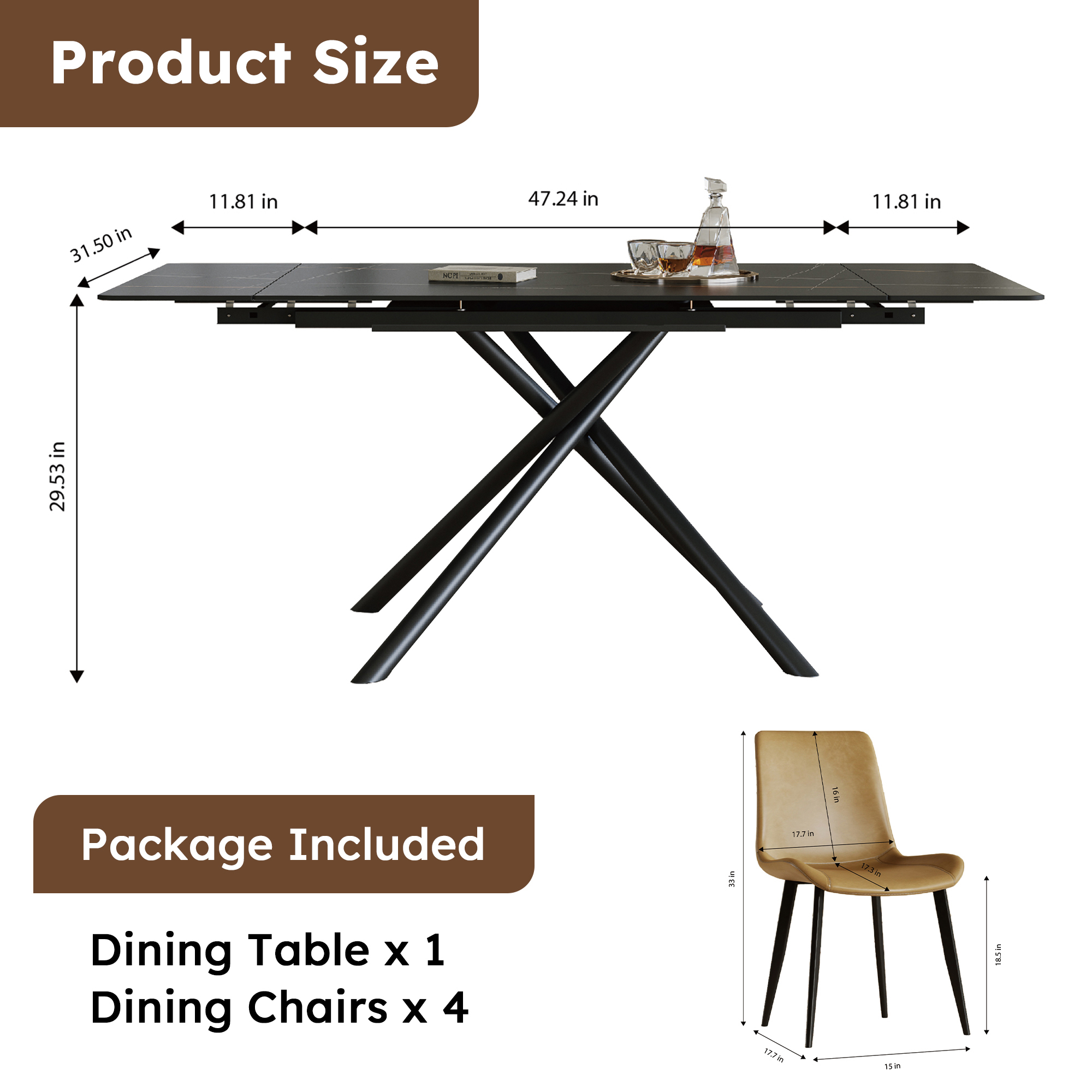 Retractable Sintered Stone Dining Table Set with 4 Chairs - Modern Black Extendable Kitchen Table & Faux Leather Seating