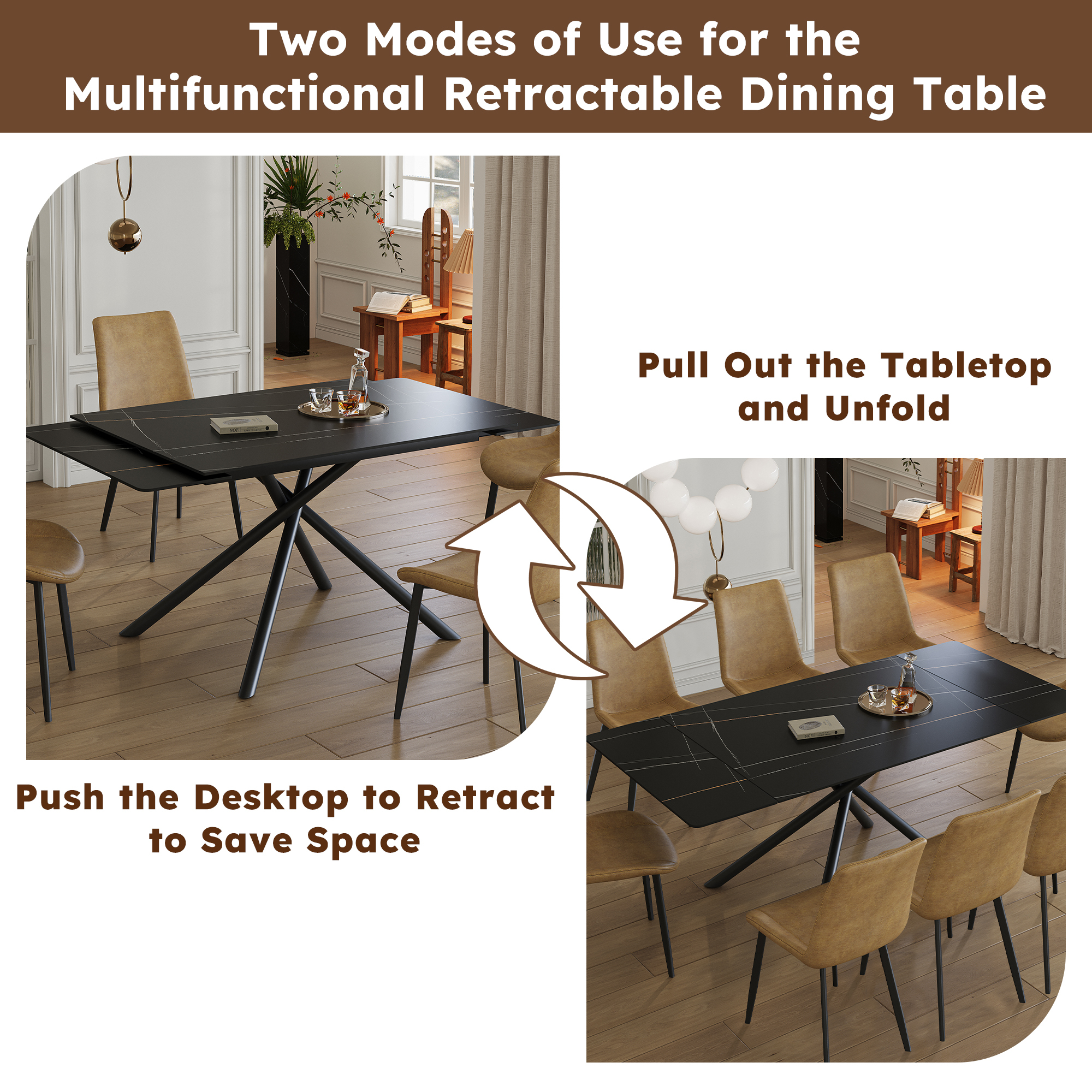 Retractable Sintered Stone Dining Table Set with 4 Chairs - Modern Black Extendable Kitchen Table & Faux Leather Seating
