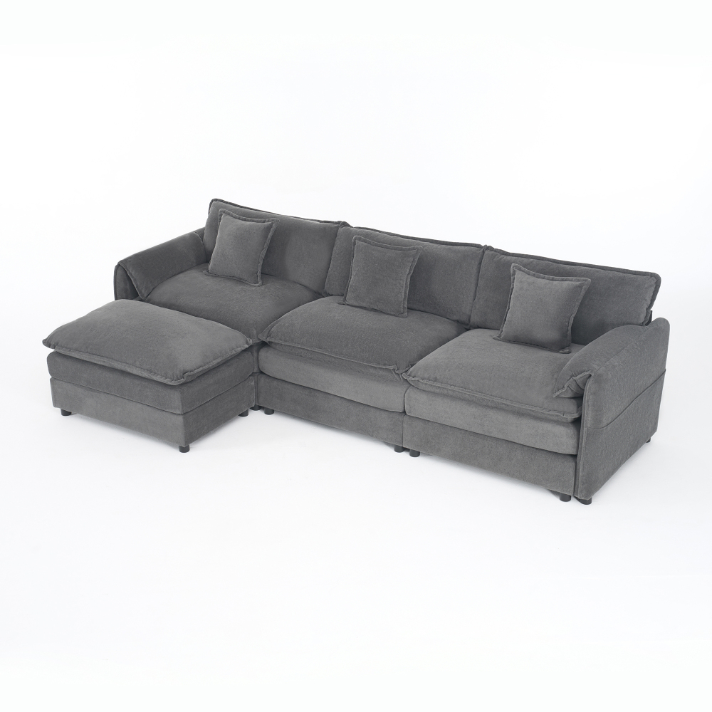Oversized Modular Sectional Sofa with Movable Ottoman - Deep Seat Chenille L-Shaped Couch Set for Living Room, Grey