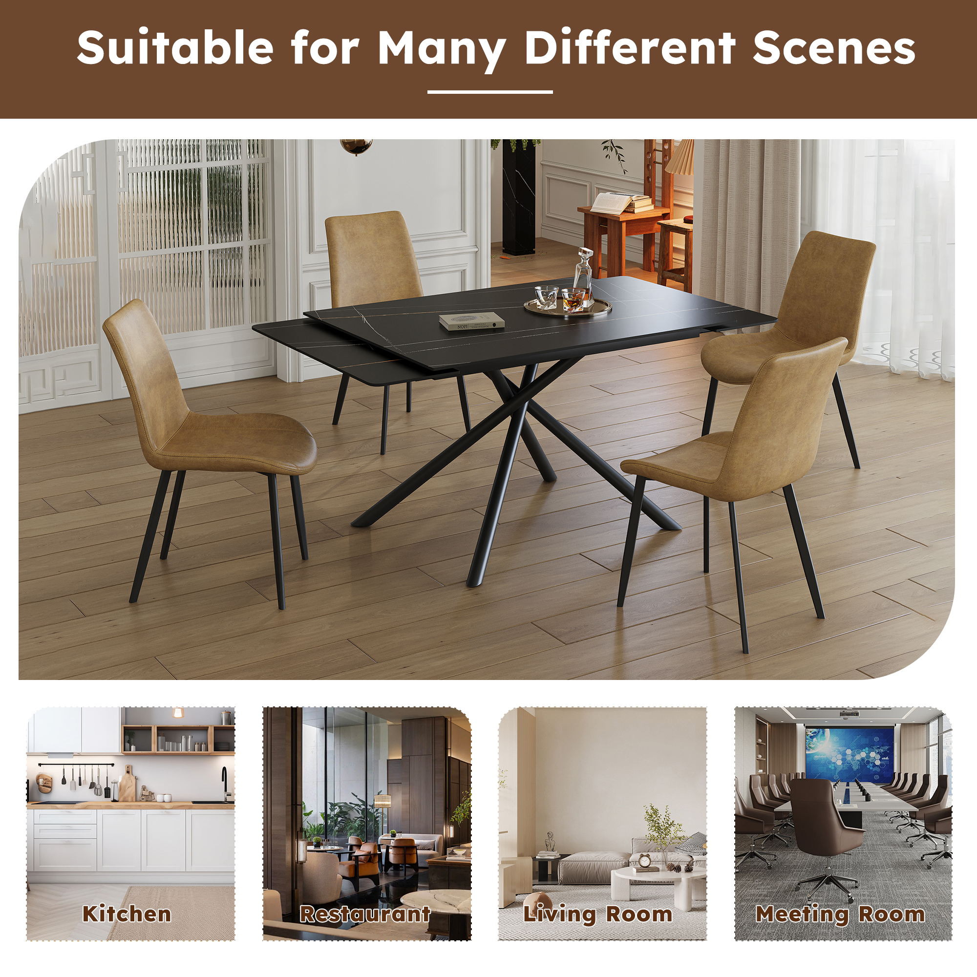 Retractable Sintered Stone Dining Table Set with 4 Chairs - Modern Black Extendable Kitchen Table & Faux Leather Seating