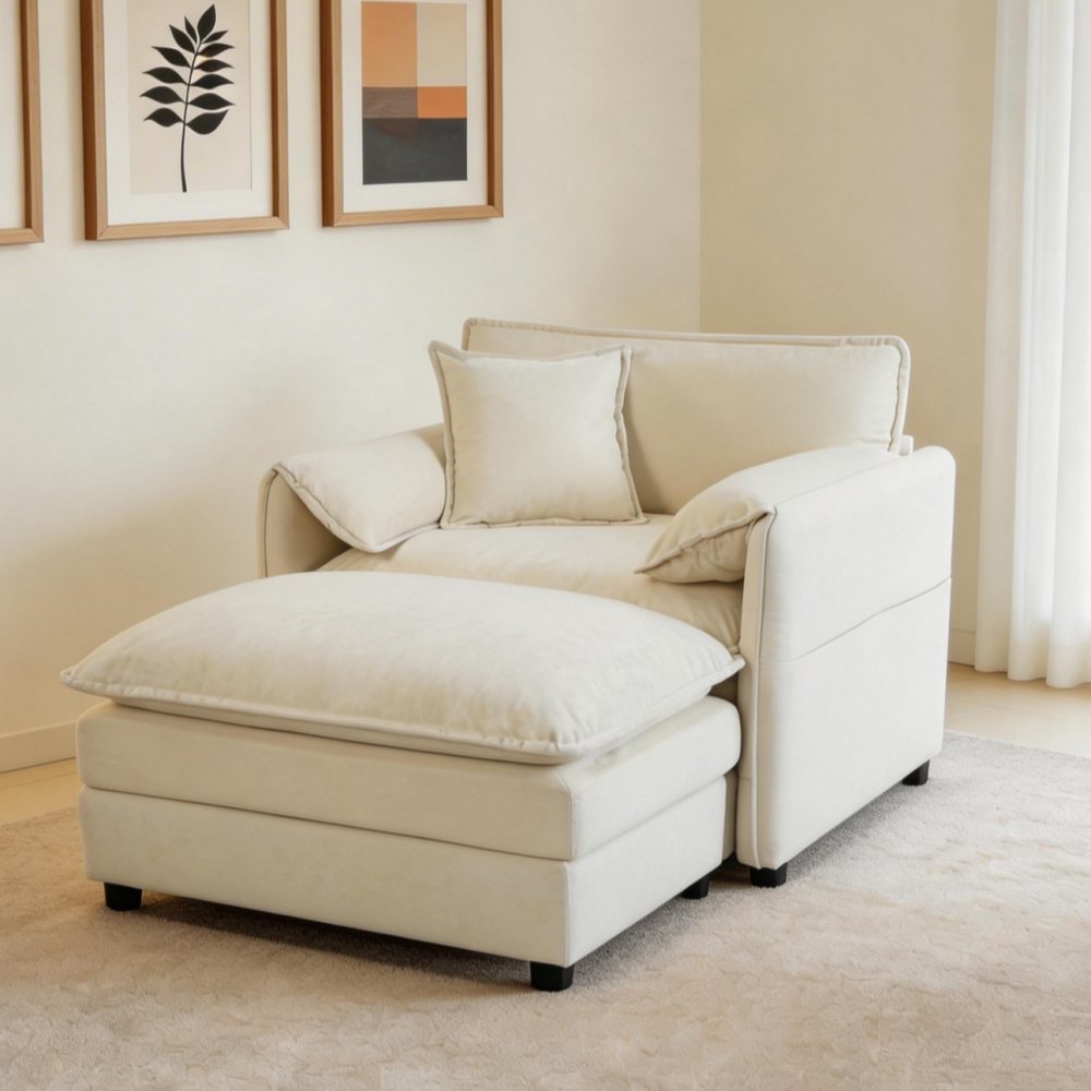Modern Chenille Oversized Recliner Chair with Movable Ottoman - Modular Beige Lounge Sofa for Living Room & Bedroom