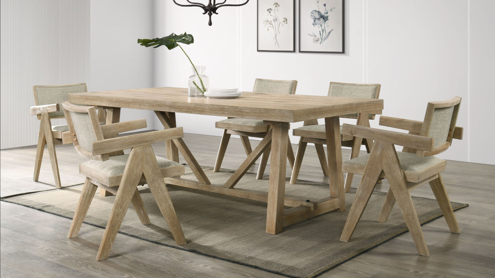 Contemporary Oak Veneer 7pc Dining Set Upholstered Polyester 6x Arm Chairs 1x Table Dining Room