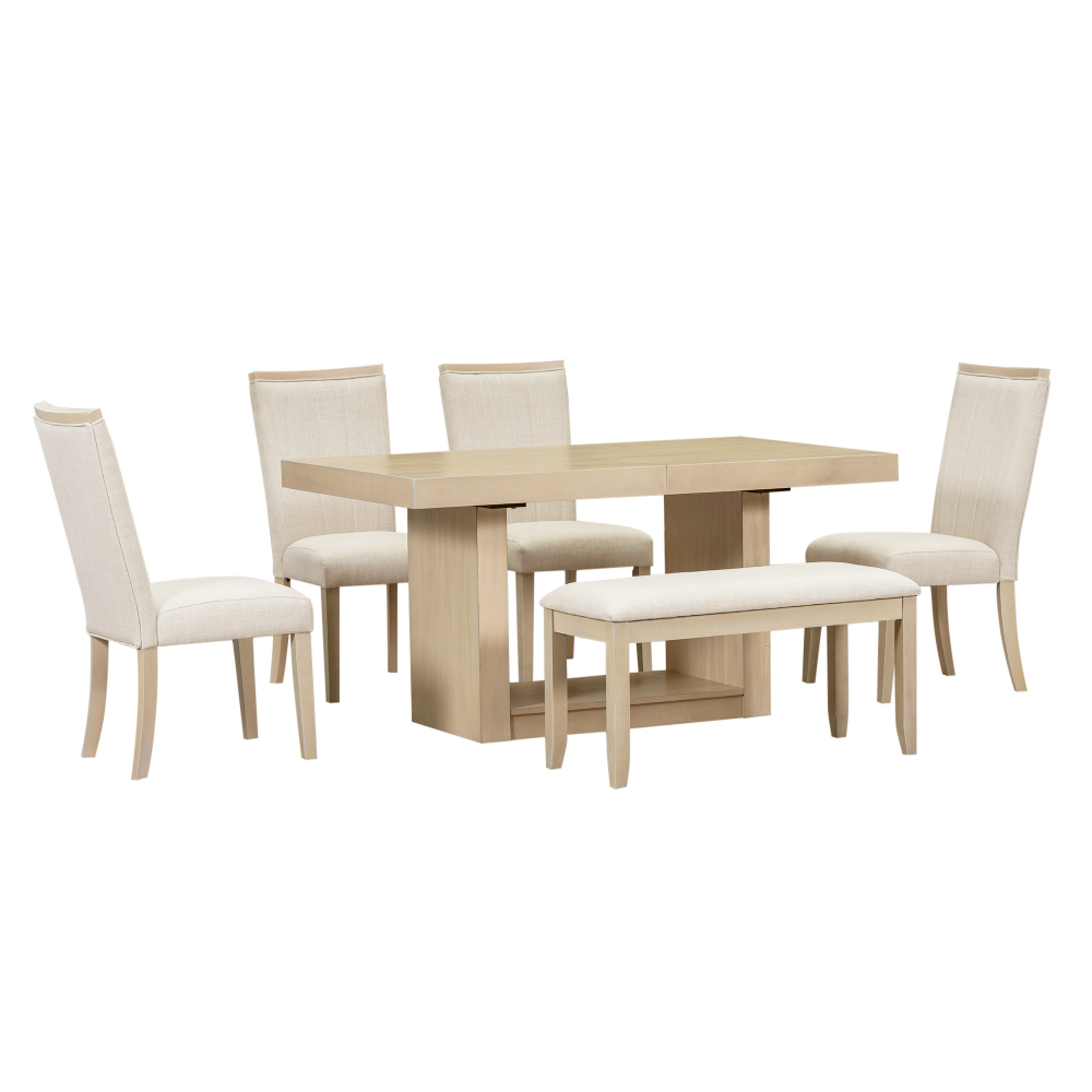 TOPMAX Contemporary 6-Piece 78inch Extendable Pedestal Dining Table Set with 18inch Removable Leaf and Dining Bench, 4 Upholstered Dining Chairs, Natural(OLD SKU:SP000054AAA)