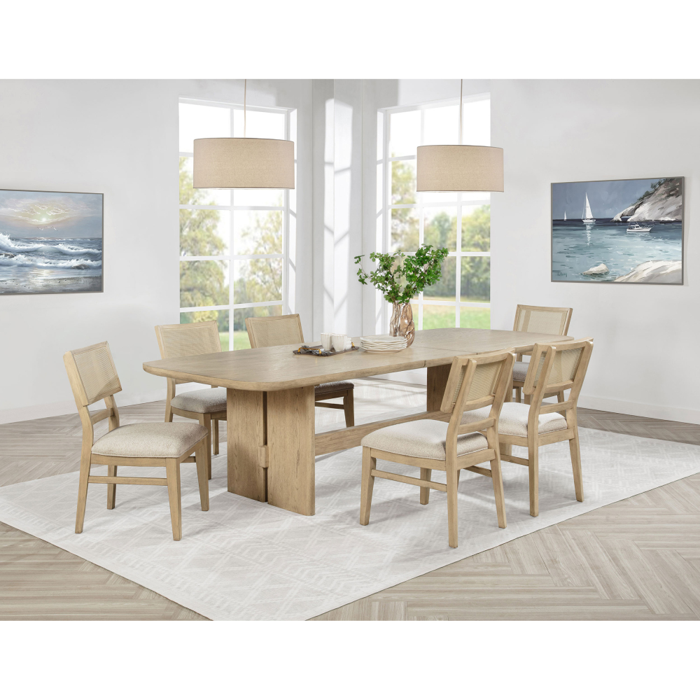 Beige Oak 7-Piece Rectangular Wood Dining Table Set with Woven Chair Backs, Light Fabric Upholstery, Beige Finish, Solid and Engineered Wood Construction