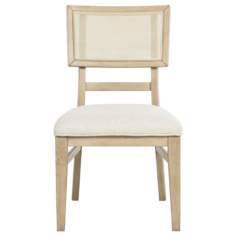 Beige Oak 7-Piece Rectangular Wood Dining Table Set with Woven Chair Backs, Light Fabric Upholstery, Beige Finish, Solid and Engineered Wood Construction