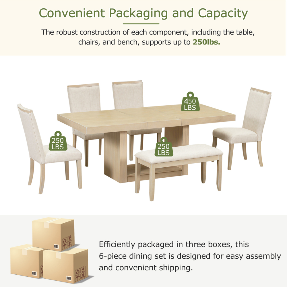 TOPMAX Contemporary 6-Piece 78inch Extendable Pedestal Dining Table Set with 18inch Removable Leaf and Dining Bench, 4 Upholstered Dining Chairs, Natural(OLD SKU:SP000054AAA)