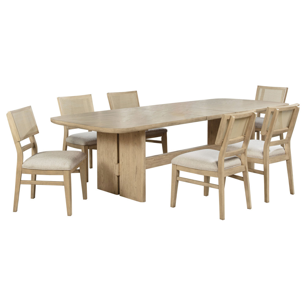 Beige Oak 7-Piece Rectangular Wood Dining Table Set with Woven Chair Backs, Light Fabric Upholstery, Beige Finish, Solid and Engineered Wood Construction