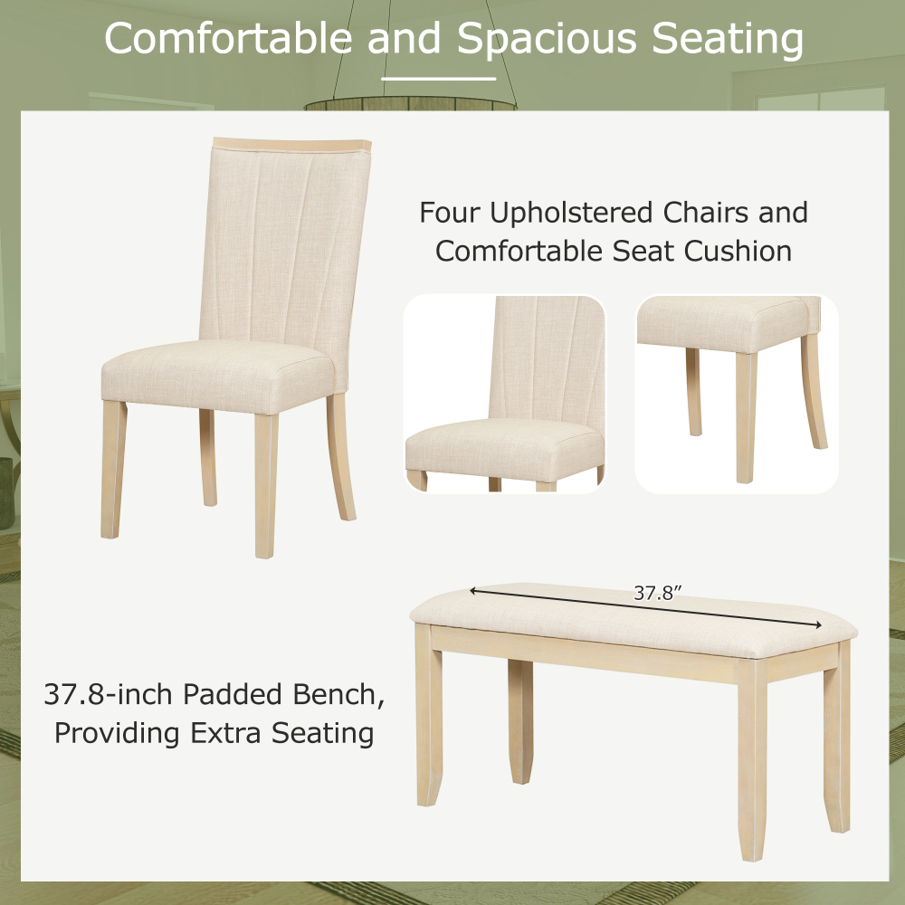 TOPMAX Contemporary 6-Piece 78inch Extendable Pedestal Dining Table Set with 18inch Removable Leaf and Dining Bench, 4 Upholstered Dining Chairs, Natural(OLD SKU:SP000054AAA)