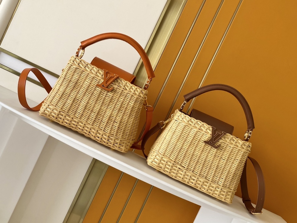 The Capucines BB handbag is a chic composition of woven rattan in homage to the Louis Vuitton picnic case design of 1892.