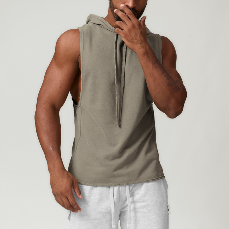 Cross-border men's casual hooded solid color waistcoat European and American sports leisure fitness sleeveless sweatshirt 1014