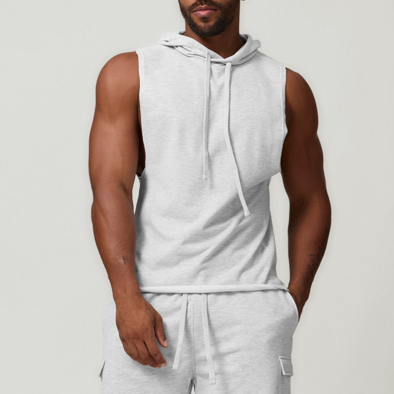 Cross-border men's casual hooded solid color waistcoat European and American sports leisure fitness sleeveless sweatshirt 1014