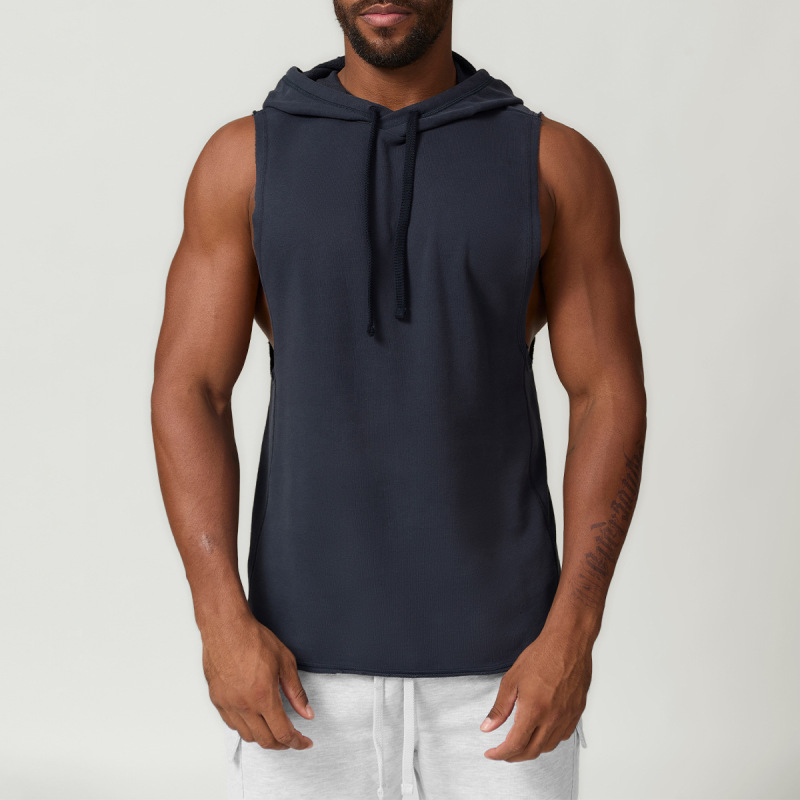 Cross-border men's casual hooded solid color waistcoat European and American sports leisure fitness sleeveless sweatshirt 1014