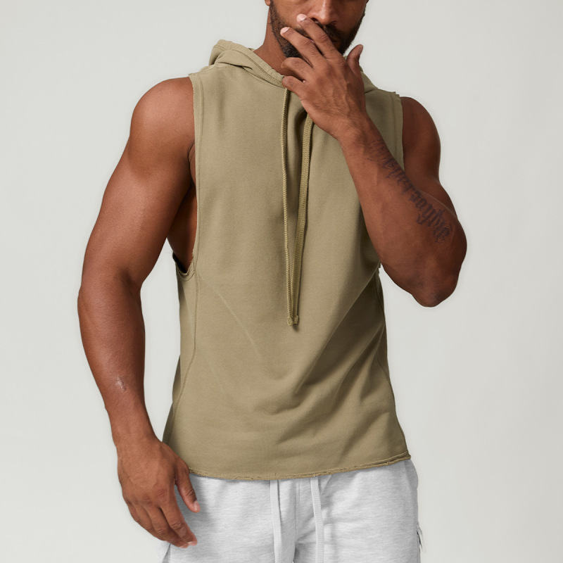 Cross-border men's casual hooded solid color waistcoat European and American sports leisure fitness sleeveless sweatshirt 1014