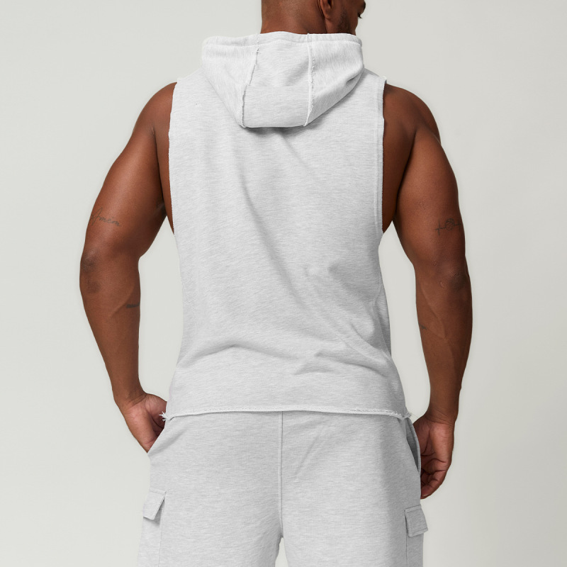 Cross-border men's casual hooded solid color waistcoat European and American sports leisure fitness sleeveless sweatshirt 1014