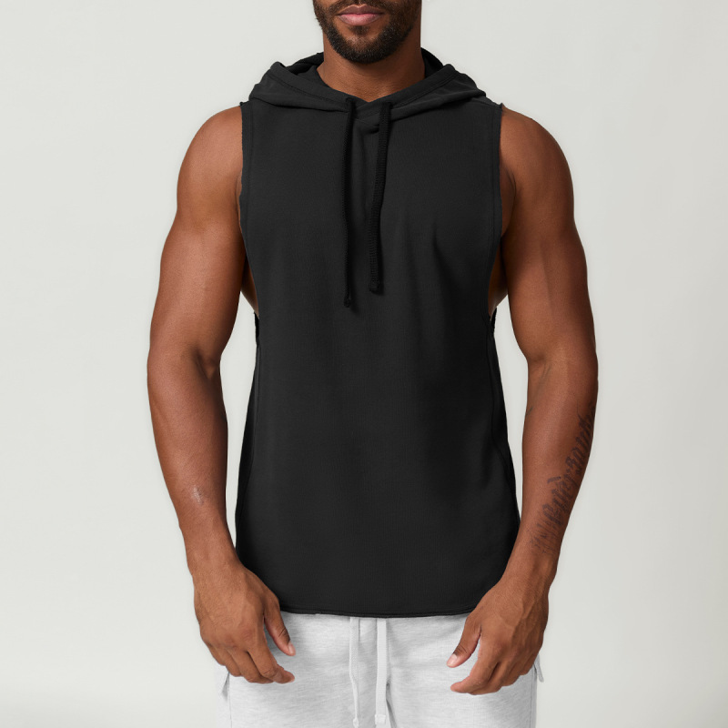 Cross-border men's casual hooded solid color waistcoat European and American sports leisure fitness sleeveless sweatshirt 1014