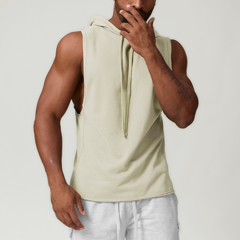 Cross-border men's casual hooded solid color waistcoat European and American sports leisure fitness sleeveless sweatshirt 1014