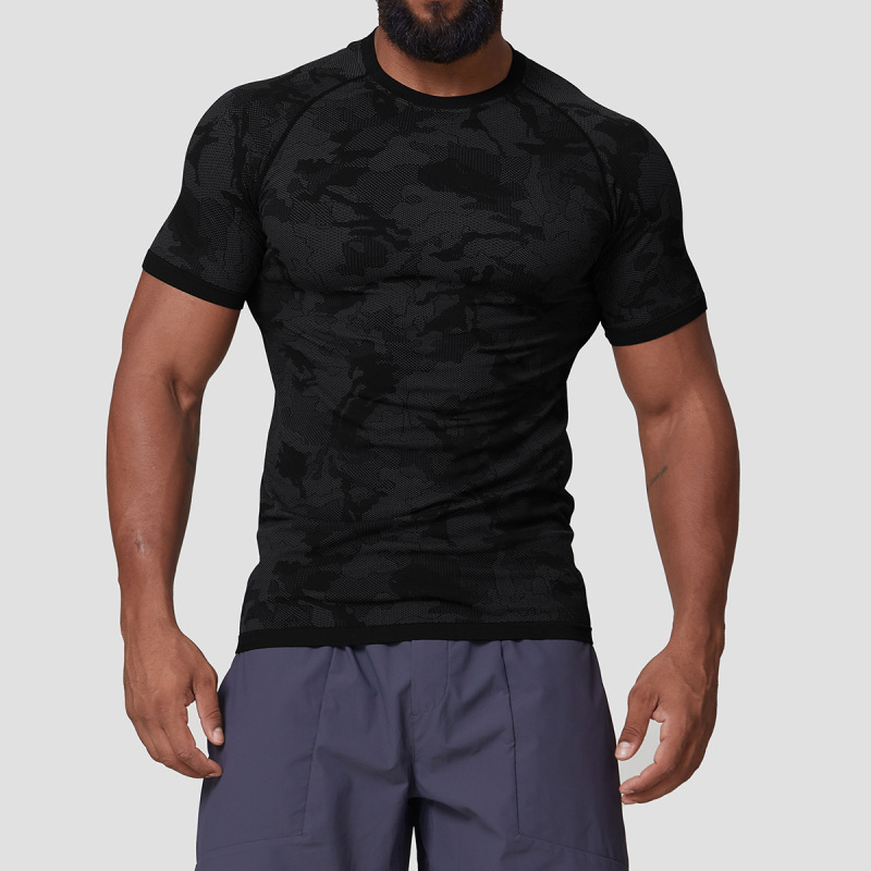 European and American seamless jacquard sports leisure core absorption quick-drying short-sleeved men's training fitness stretch slim top 1083
