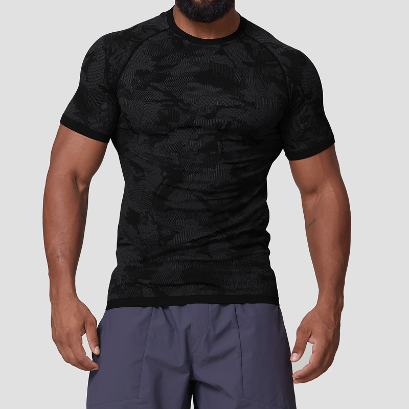 European and American seamless jacquard sports leisure core absorption quick-drying short-sleeved men's training fitness stretch slim top 1083