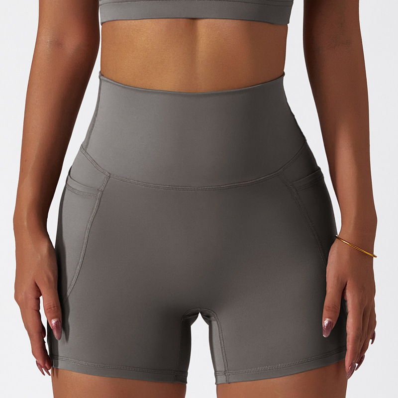 Summer quick-drying nude sports shorts high waist tight yoga pants pocket breathable running fitness shorts 6425