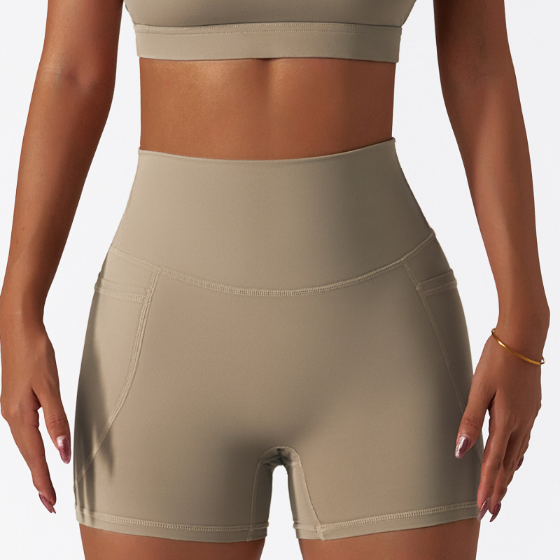 Summer quick-drying nude sports shorts high waist tight yoga pants pocket breathable running fitness shorts 6425