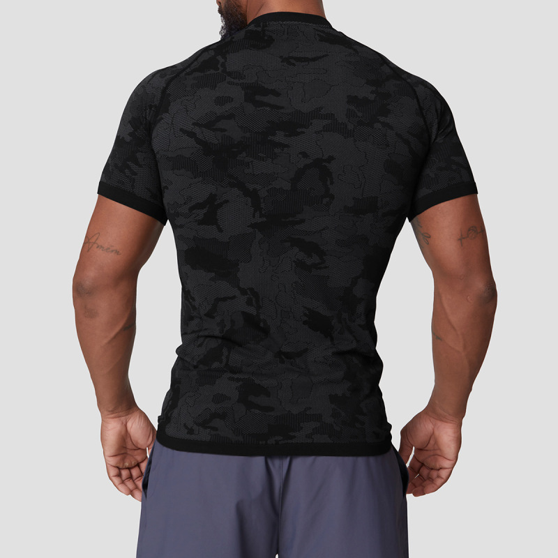 European and American seamless jacquard sports leisure core absorption quick-drying short-sleeved men's training fitness stretch slim top 1083