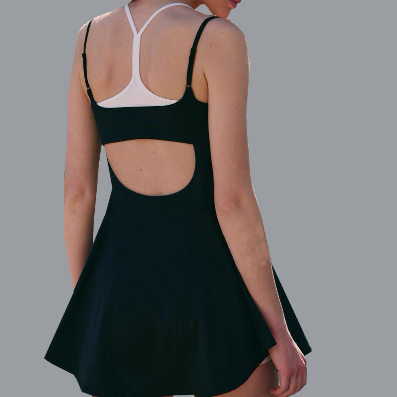 Yoga jumpsuit for women with chest pads, color matching, high elasticity, quick-drying, beautiful back, anti-exposure sports, running, fitness, tennis skirt