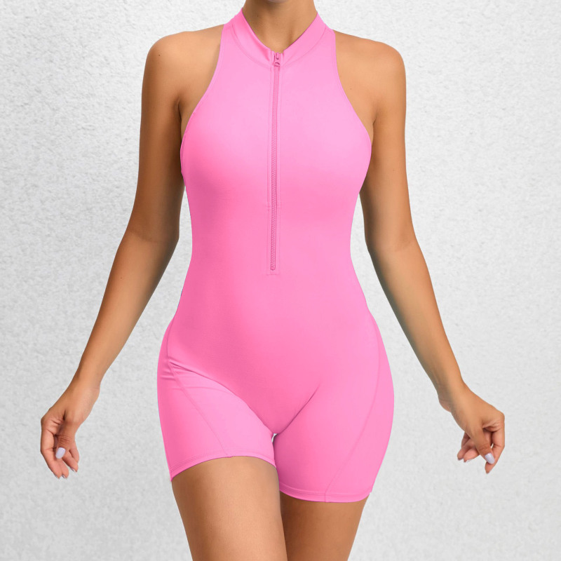 European and American tight-fitting zippered sports yoga pants with peach hips, one-piece quick-drying pleated fitness jumpsuit