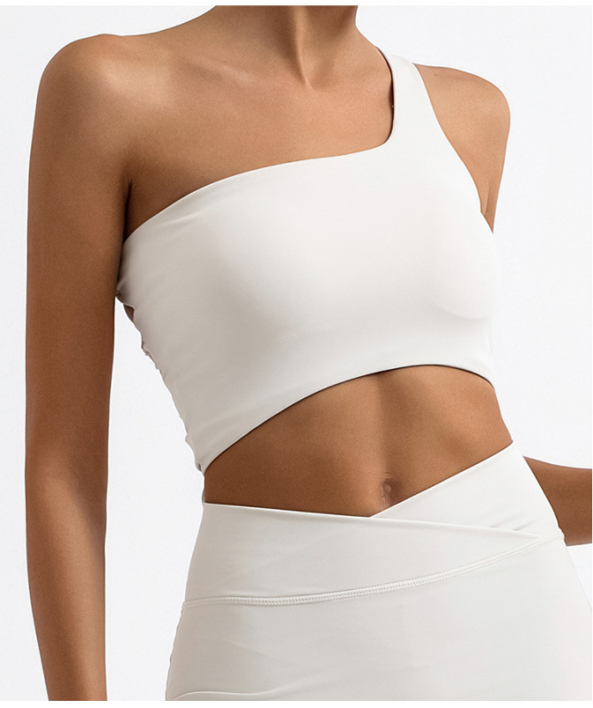 European and American foreign trade cross-border yoga vest irregular one-shoulder beautiful back strap nude feeling with chest pad sports fitness top