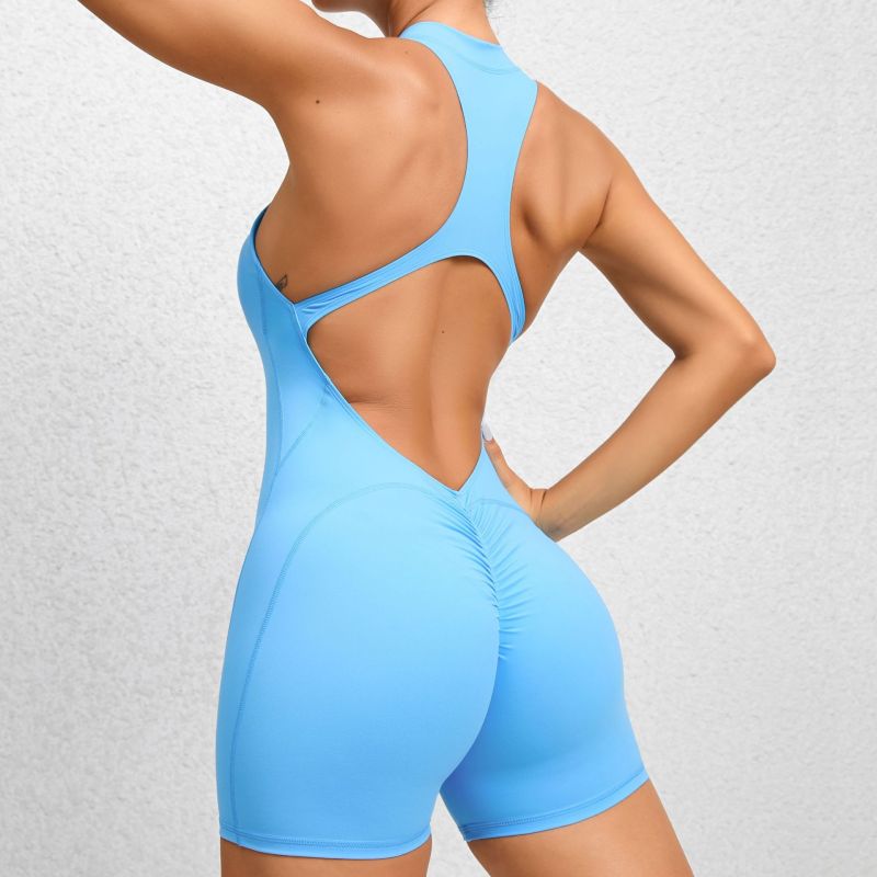 European and American tight-fitting zippered sports yoga pants with peach hips, one-piece quick-drying pleated fitness jumpsuit