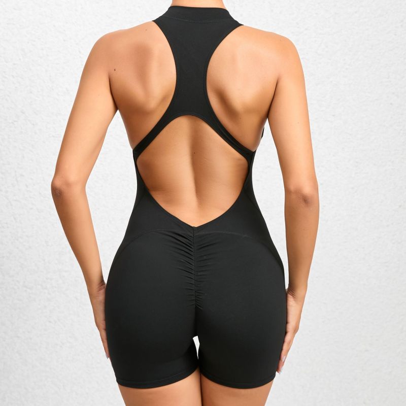 European and American tight-fitting zippered sports yoga pants with peach hips, one-piece quick-drying pleated fitness jumpsuit