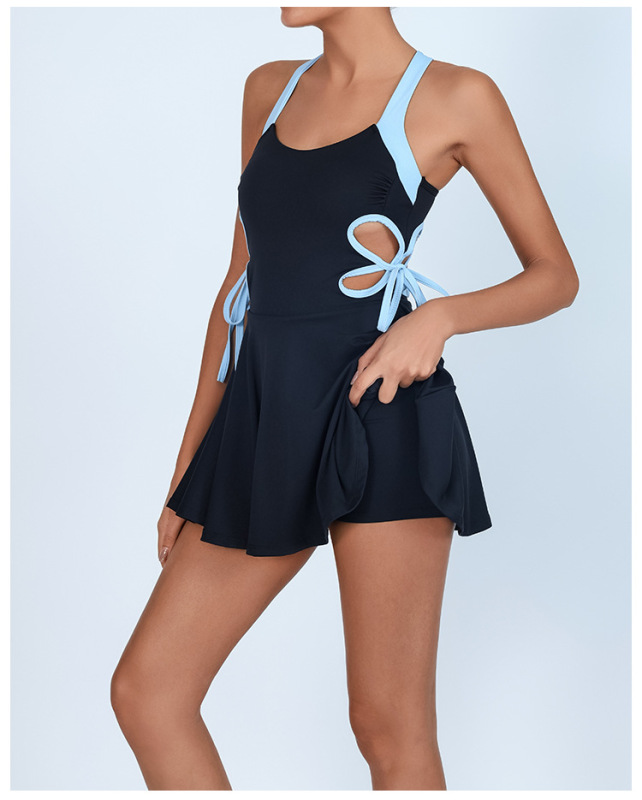 Tennis skirt foreign trade cross-border yoga jumpsuit with chest pad contrast color hollow with leggings to prevent exposure fitness short skirt