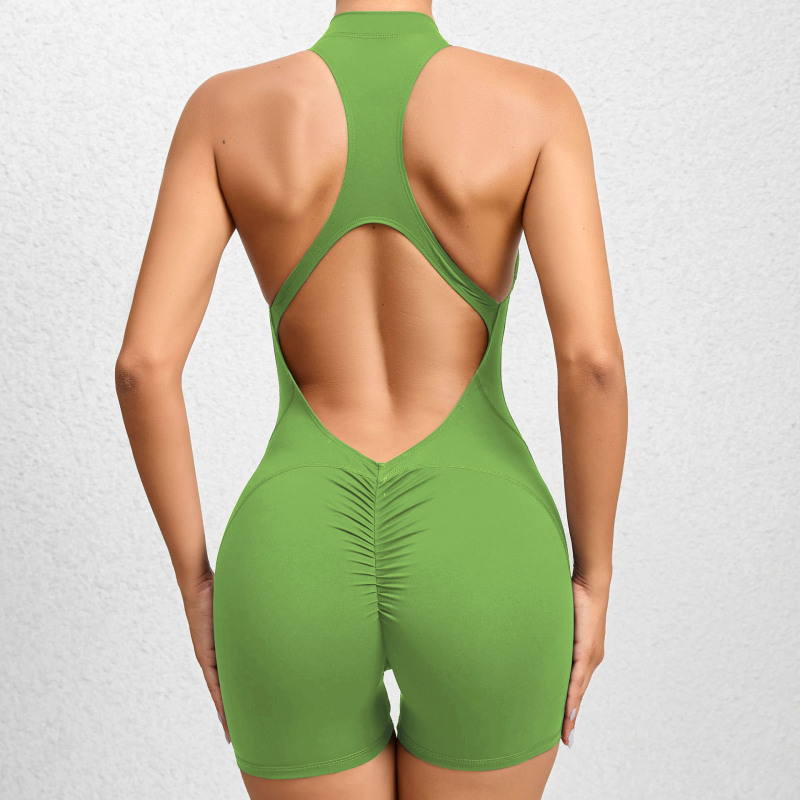 European and American tight-fitting zippered sports yoga pants with peach hips, one-piece quick-drying pleated fitness jumpsuit