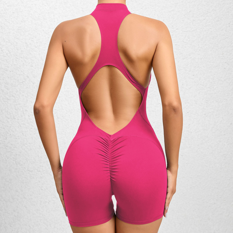 European and American tight-fitting zippered sports yoga pants with peach hips, one-piece quick-drying pleated fitness jumpsuit