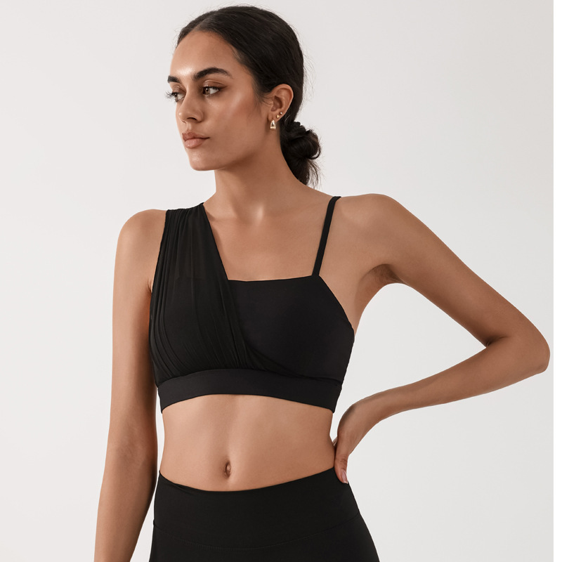 Cross-border sports bra for women with chest pads for yoga fitness training mesh splicing contrast color high elastic quick-drying nude bra