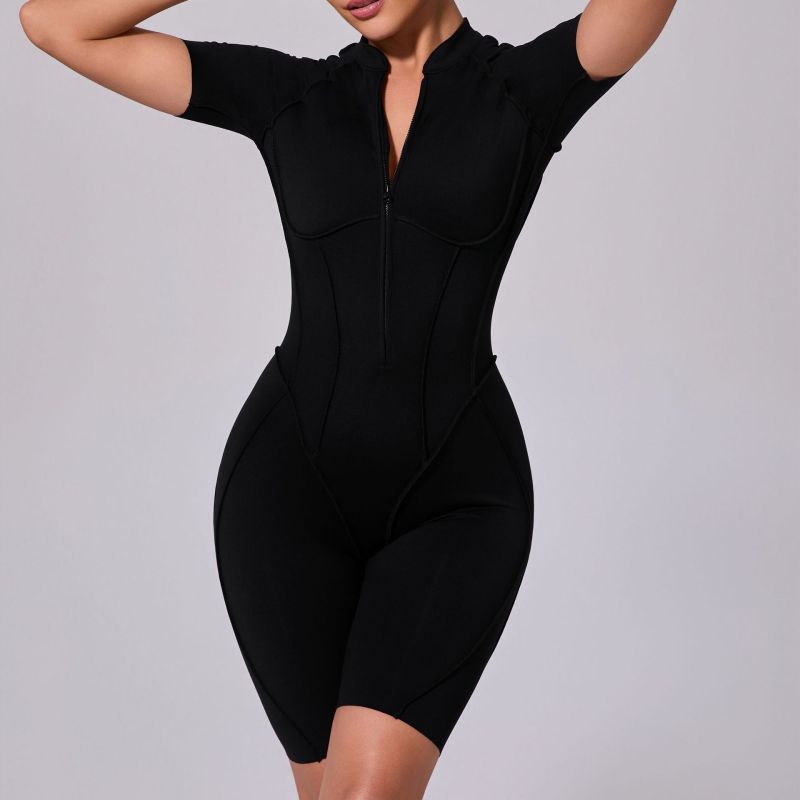QS-K0113-Woman Short-Sleeved Zipper Jumpsuit