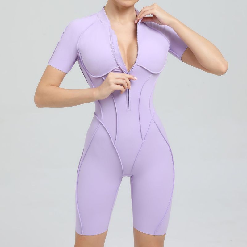 QS-K0113-Woman Short-Sleeved Zipper Jumpsuit