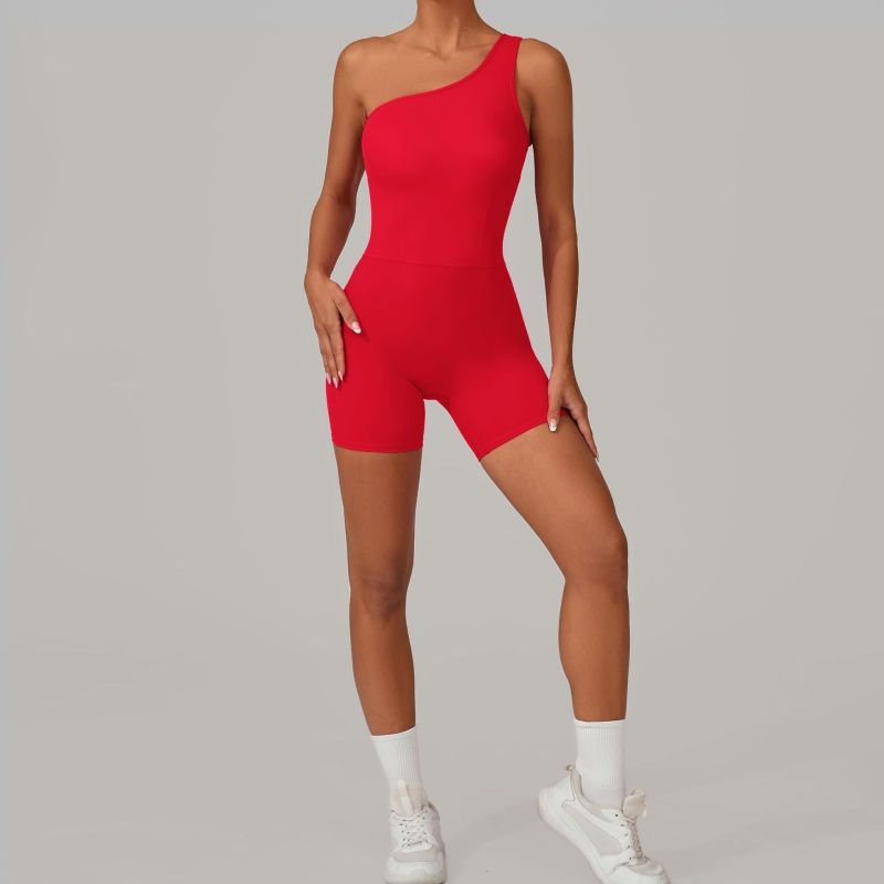 Qiusha summer oblique one-shoulder sports beautiful back yoga jumpsuit nude hip tight fitness suit jumpsuit 1312