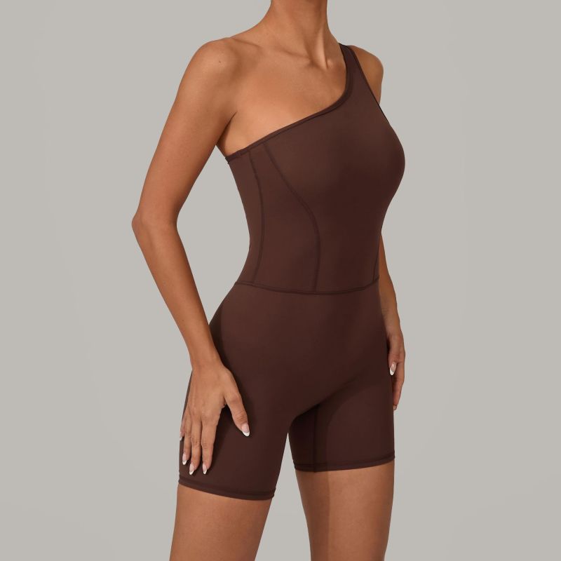 Qiusha summer oblique one-shoulder sports beautiful back yoga jumpsuit nude hip tight fitness suit jumpsuit 1312
