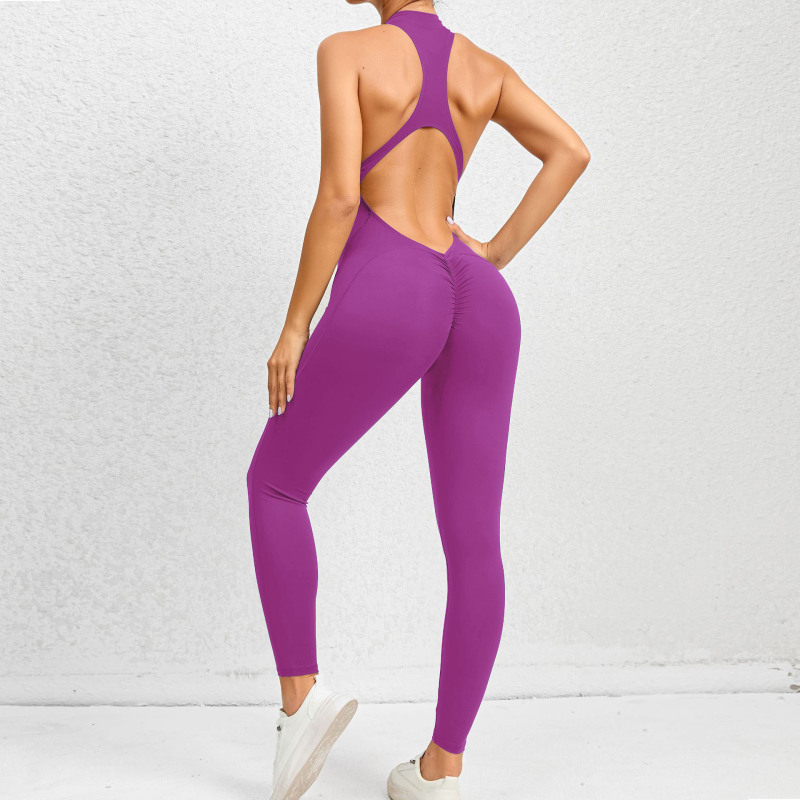 European and American one-piece zipper yoga suit sports jumpsuit hollow back running fitness jumpsuit yoga pants