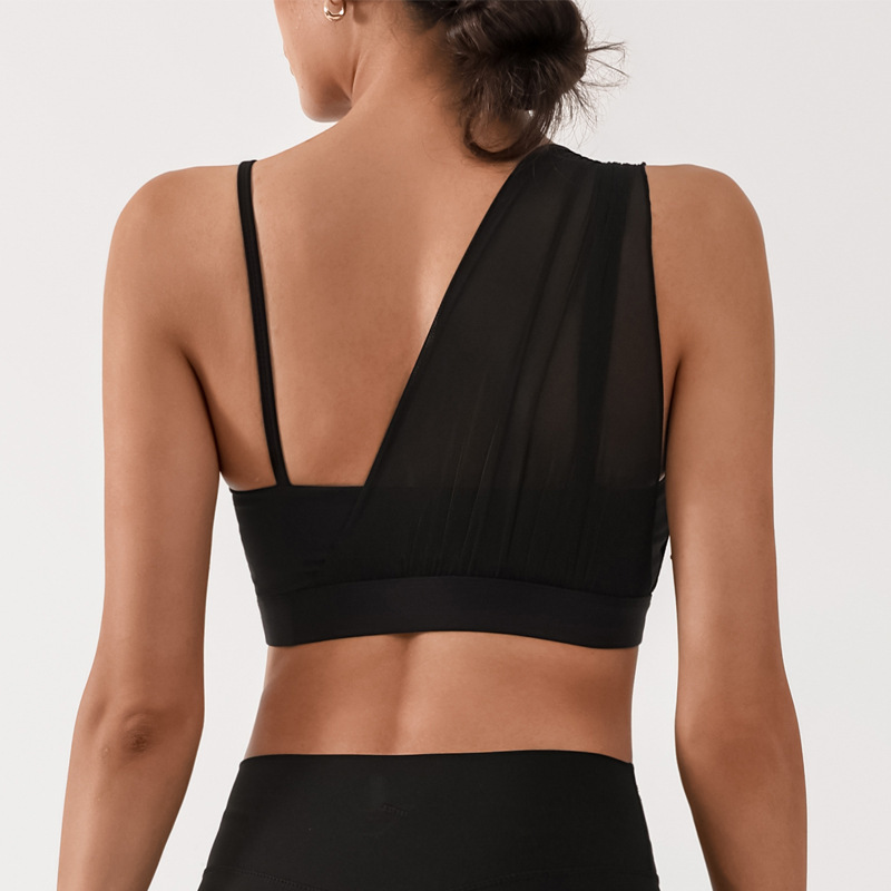Cross-border sports bra for women with chest pads for yoga fitness training mesh splicing contrast color high elastic quick-drying nude bra
