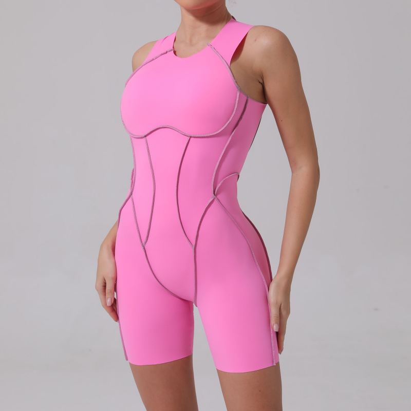Qiusha stitching contrast color tight jumpsuit sports fitness beautiful back high elastic one-piece yoga suit 11501