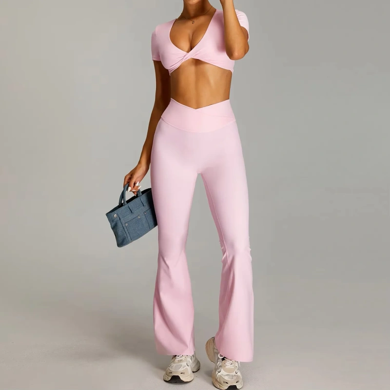 XW-TM0254Y-5 V Front Flared Leggings Yoga Fitness Sports 2 Piece Gym Clothing Workout Sets Short Sleeve and Sportswear Leggings