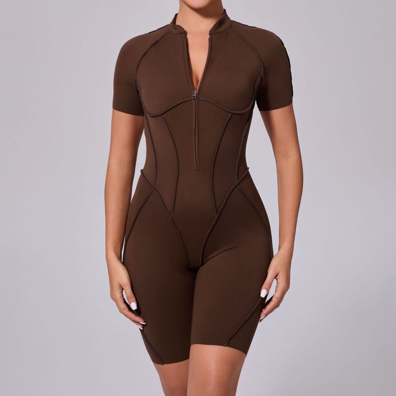QS-K0113-Woman Short-Sleeved Zipper Jumpsuit