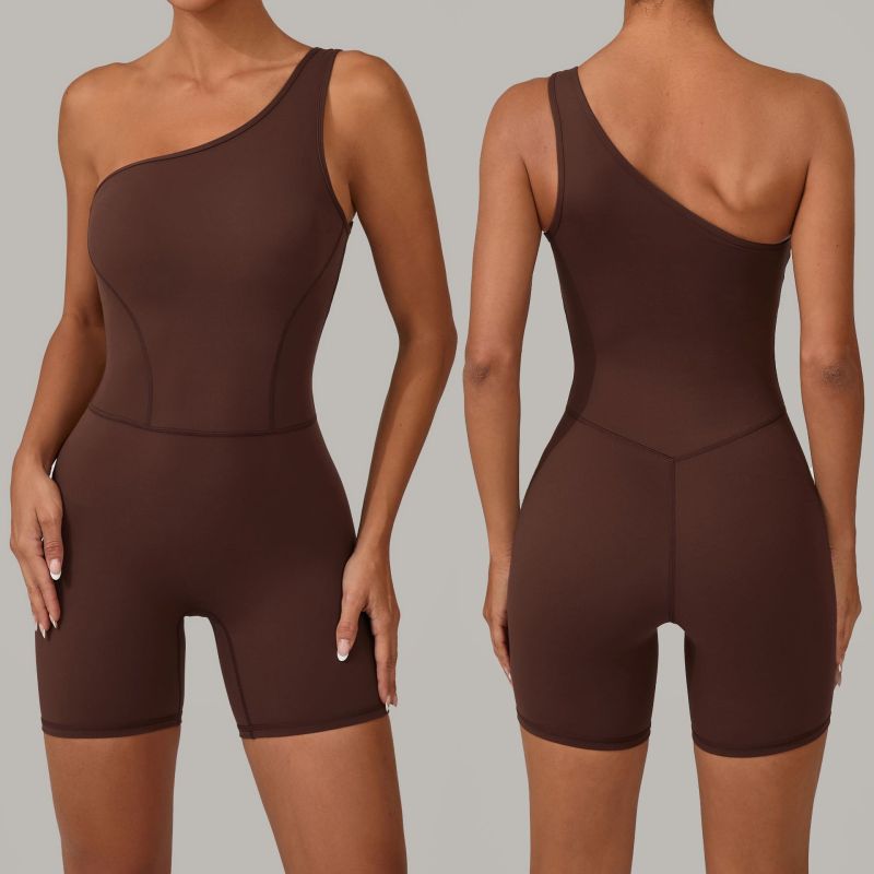 Qiusha summer oblique one-shoulder sports beautiful back yoga jumpsuit nude hip tight fitness suit jumpsuit 1312
