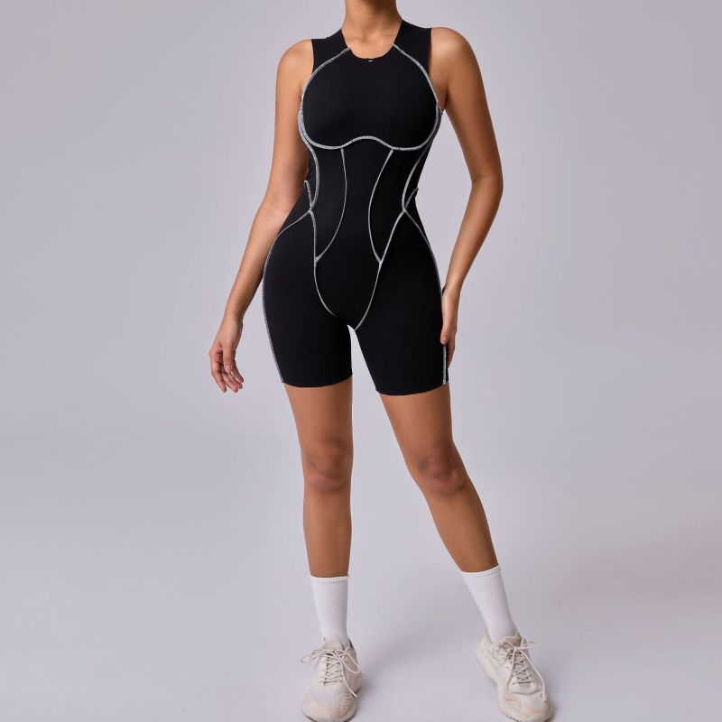 Qiusha stitching contrast color tight jumpsuit sports fitness beautiful back high elastic one-piece yoga suit 11501