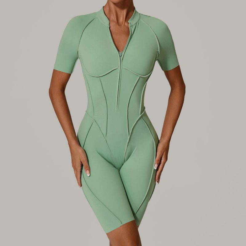 QS-K0113-Woman Short-Sleeved Zipper Jumpsuit