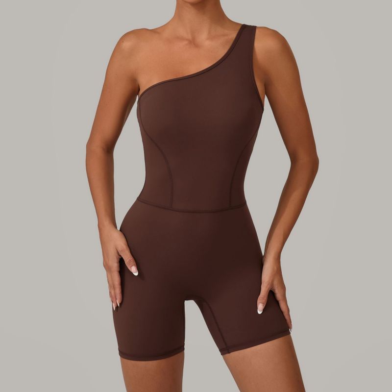 Qiusha summer oblique one-shoulder sports beautiful back yoga jumpsuit nude hip tight fitness suit jumpsuit 1312