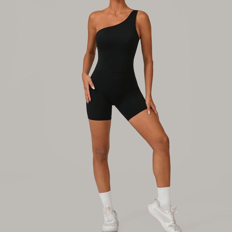 Qiusha summer oblique one-shoulder sports beautiful back yoga jumpsuit nude hip tight fitness suit jumpsuit 1312