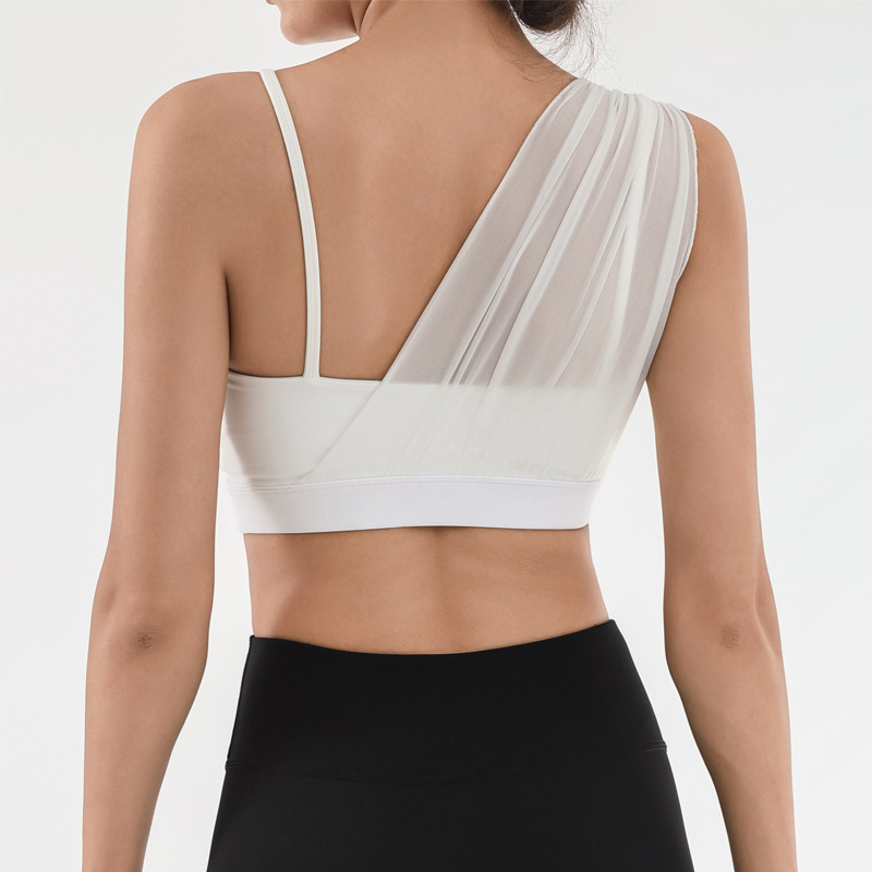 Cross-border sports bra for women with chest pads for yoga fitness training mesh splicing contrast color high elastic quick-drying nude bra